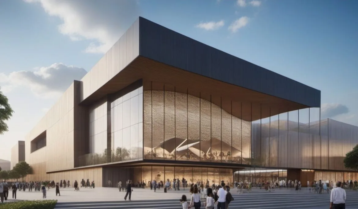 Large modern museum building with glass facade and unique architectural design, showcasing public architecture by Studio Hatch.