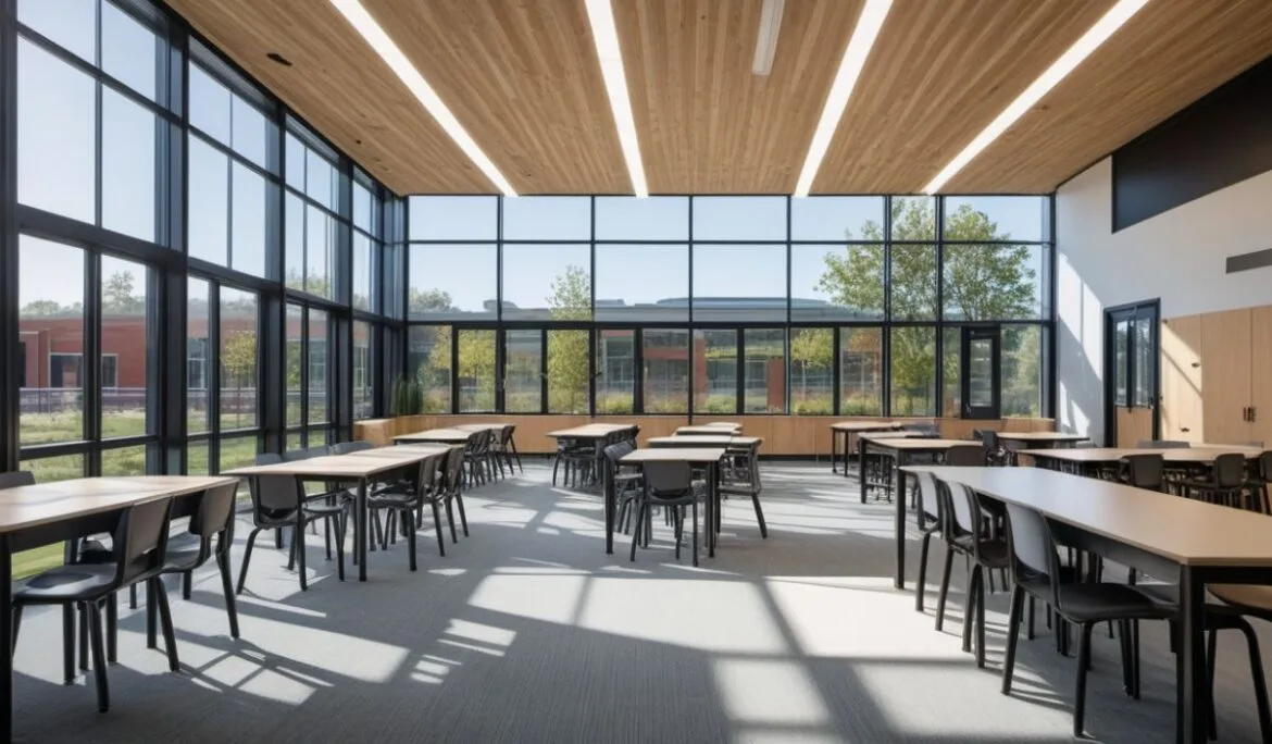 Modern school design with large windows and natural light, showcasing a public architecture project focused on open and sustainable spaces.