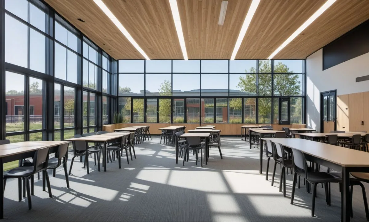 Modern school design with large windows and natural light, showcasing a public architecture project focused on open and sustainable spaces.
