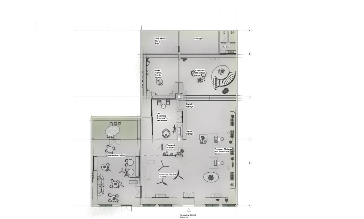 Floor plan layout of Belma Tvico flagship store designed by Studio Hatch, showing distinct areas including fashion display, relaxation, and fitting rooms.