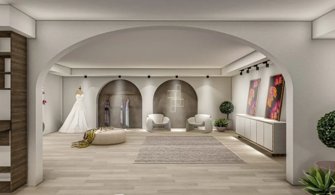 Elegant showroom at Belma Tvico Flagship Store displaying bridal and evening wear designed by Studio Hatch