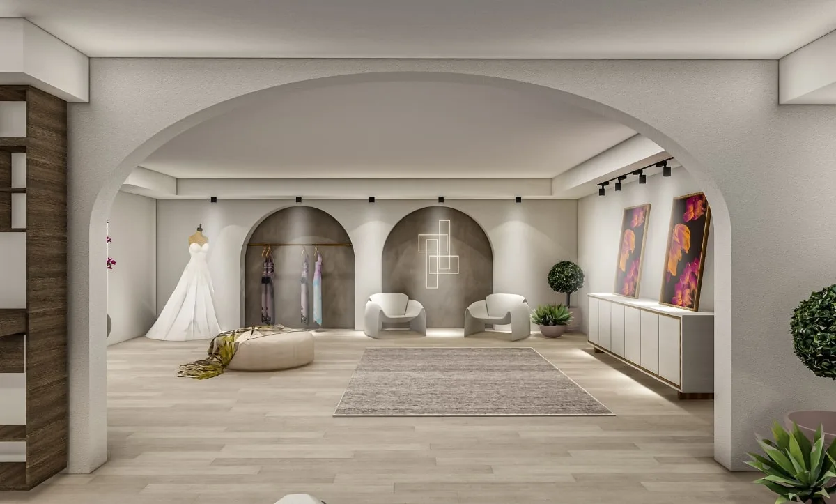 Elegant showroom at Belma Tvico Flagship Store displaying bridal and evening wear designed by Studio Hatch
