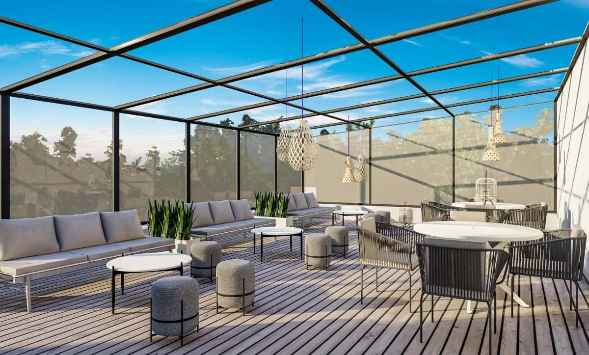 Rooftop lounge area at Belma Tvico Flagship Store with modern seating and panoramic views designed by Studio Hatch