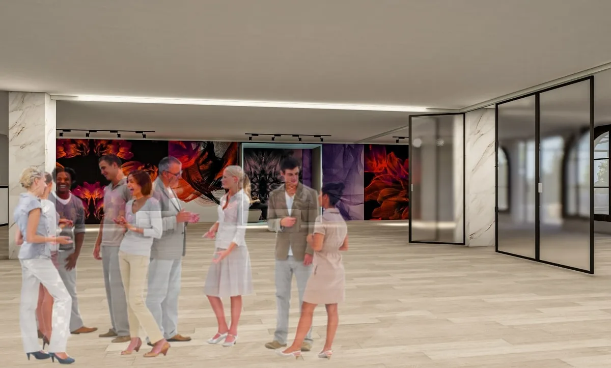 Belma Tvico Flagship Store event area showcasing large floral artwork, designed by Studio Hatch.