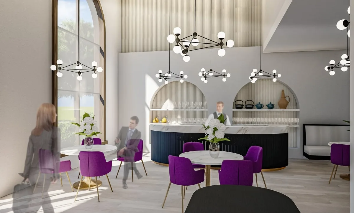 Elegant lounge and café space with modern design in Belma Tvico flagship store designed by Studio Hatch.