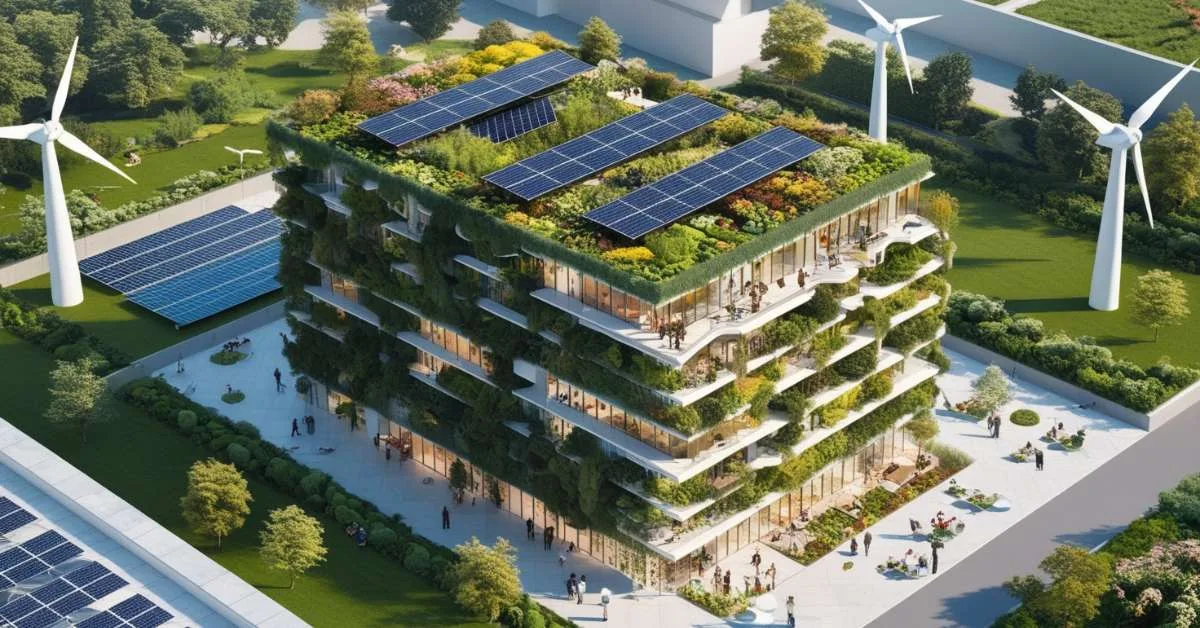 Modern eco-friendly building with extensive greenery, solar panels, and wind turbines illustrating the advantages of sustainable architecture.