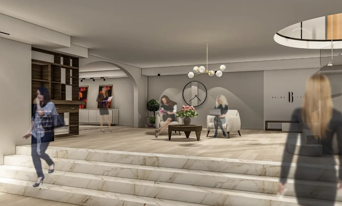 Waiting area at Belma Tvico Flagship Store with modern seating, marble steps, and minimalistic décor designed by Studio Hatch