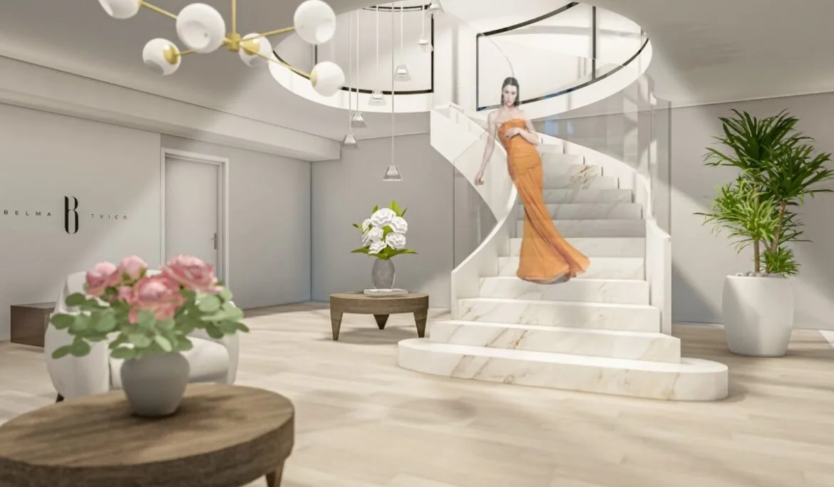 Elegant spiral staircase with modern interior design at Belma Tvico Flagship Store by Studio Hatch