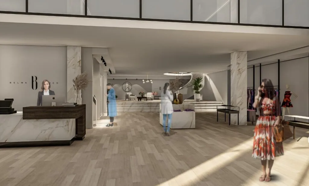 Front desk of Belma Tvico Flagship Store designed by Studio Hatch with modern and minimalist aesthetic.