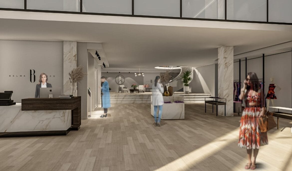 Front desk of Belma Tvico Flagship Store designed by Studio Hatch with modern and minimalist aesthetic.