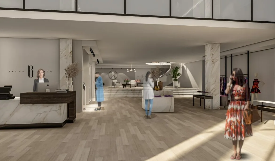 Front desk of Belma Tvico Flagship Store designed by Studio Hatch with modern and minimalist aesthetic.