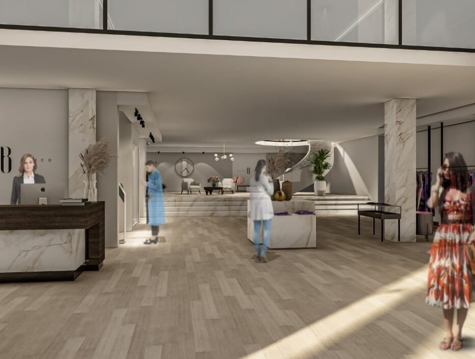 Front desk of Belma Tvico Flagship Store designed by Studio Hatch with modern and minimalist aesthetic.