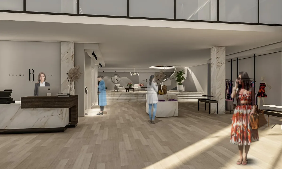 Front desk of Belma Tvico Flagship Store designed by Studio Hatch with modern and minimalist aesthetic.