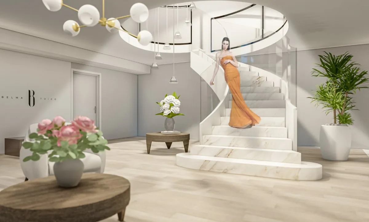Elegant spiral staircase with modern interior design at Belma Tvico Flagship Store by Studio Hatch