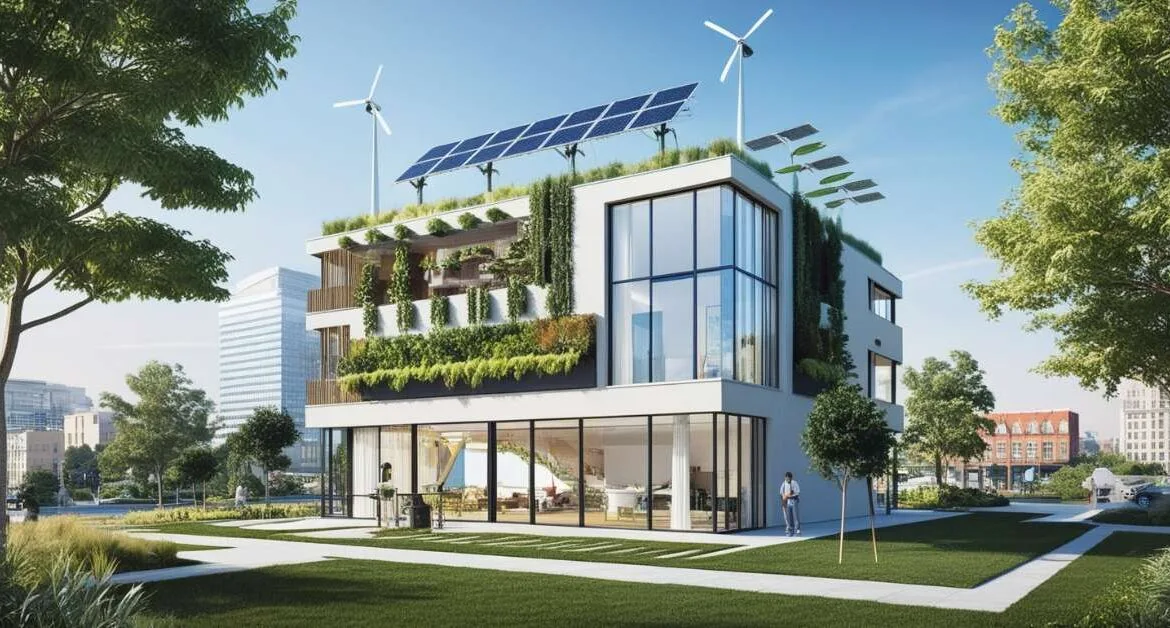 Modern eco-friendly building showcasing innovations in sustainable architecture with solar panels, wind turbines, green roofs, and vertical gardens in an urban setting.