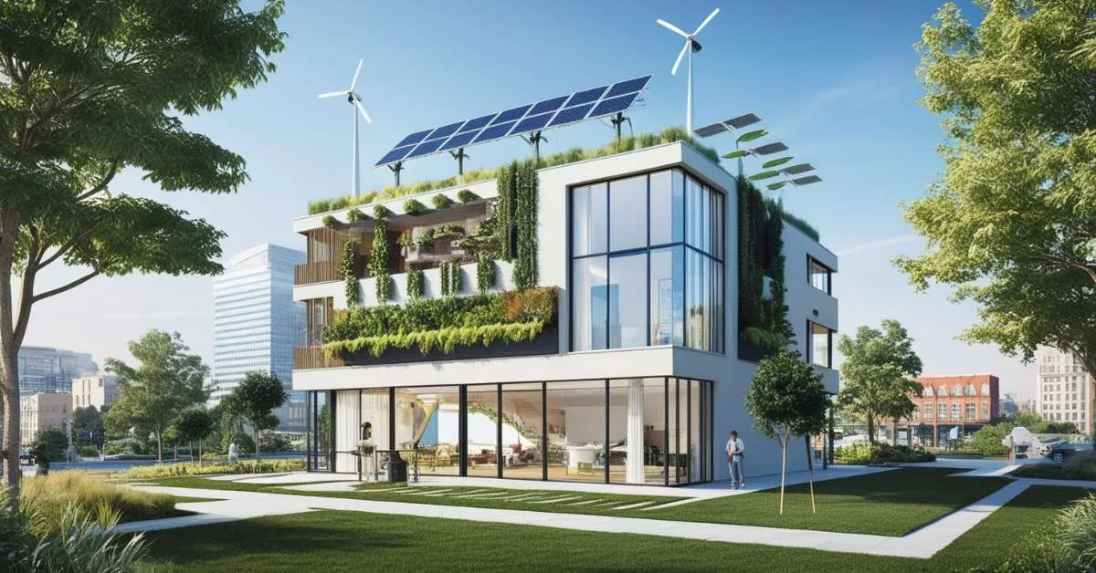 Modern eco-friendly building showcasing innovations in sustainable architecture with solar panels, wind turbines, green roofs, and vertical gardens in an urban setting.