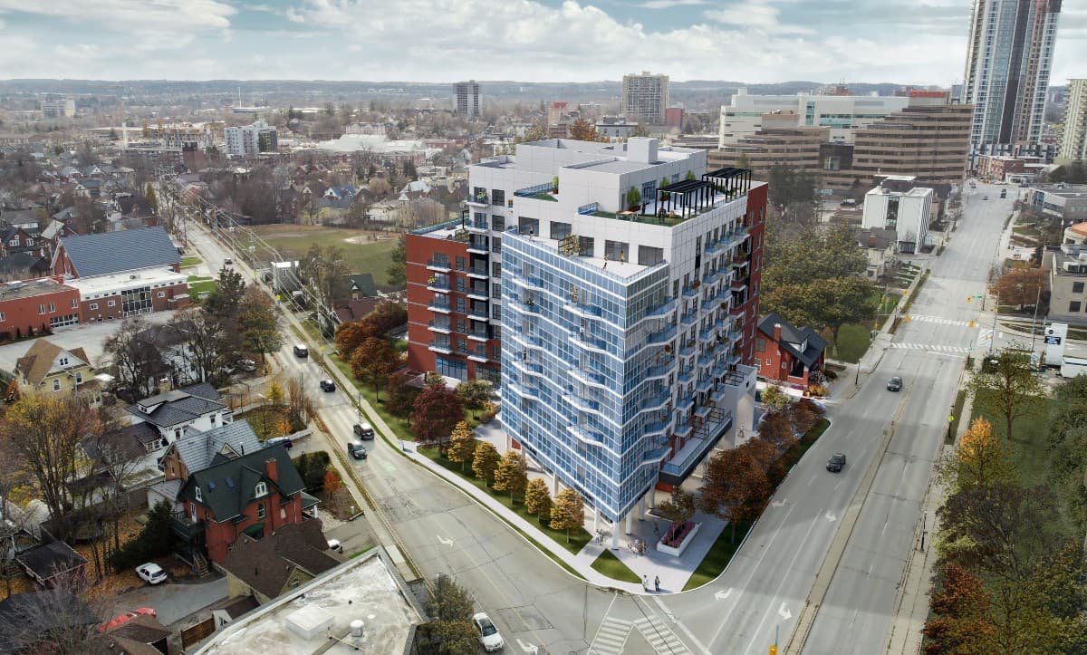 Aerial view of 181 Frederick Street in Kitchener, Ontario, designed by Studio Hatch featuring modern architecture and rooftop terraces