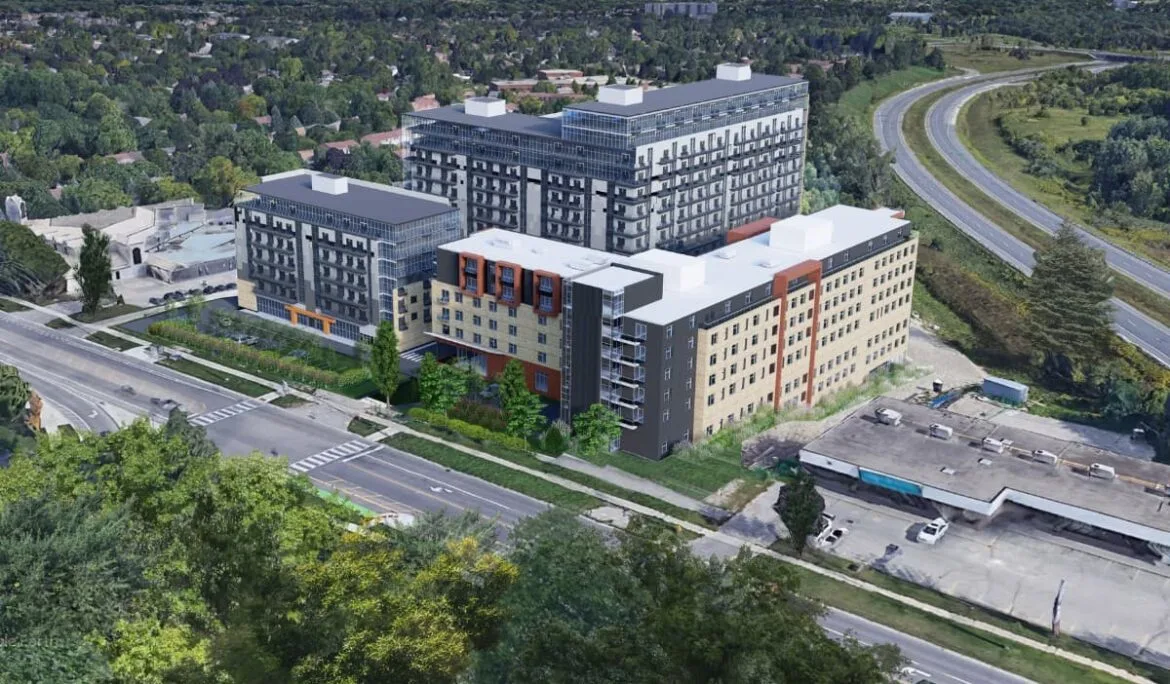 Aerial view of 215 Lexington Road in Waterloo, designed by Studio Hatch, featuring corporate, residential, and retail blocks