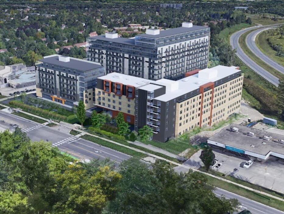 Aerial view of 215 Lexington Road in Waterloo, designed by Studio Hatch, featuring corporate, residential, and retail blocks