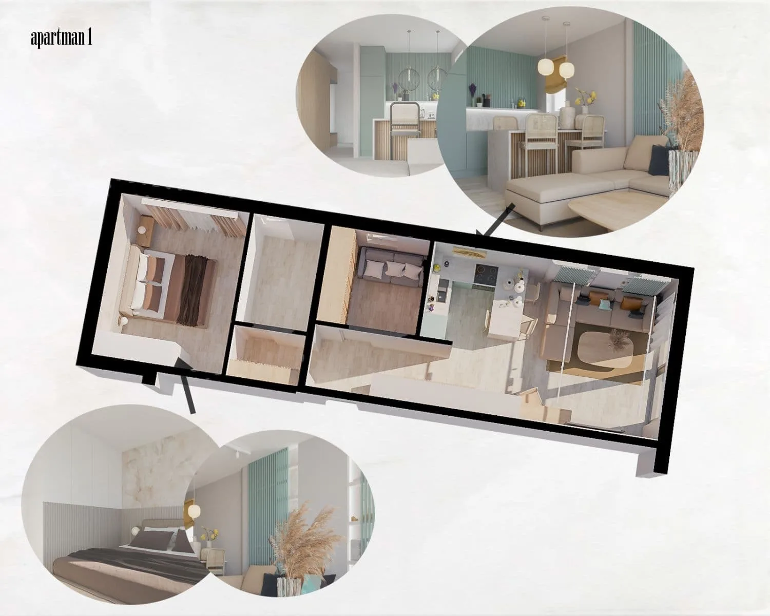 Modern apartment layout with bedroom, living room, and kitchen