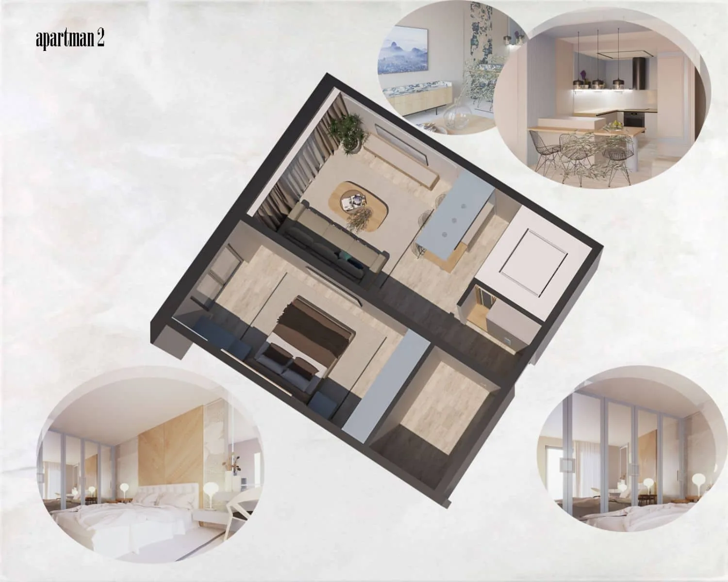 Modern apartment layout with bedroom, living room, and kitchen in Apartment 2