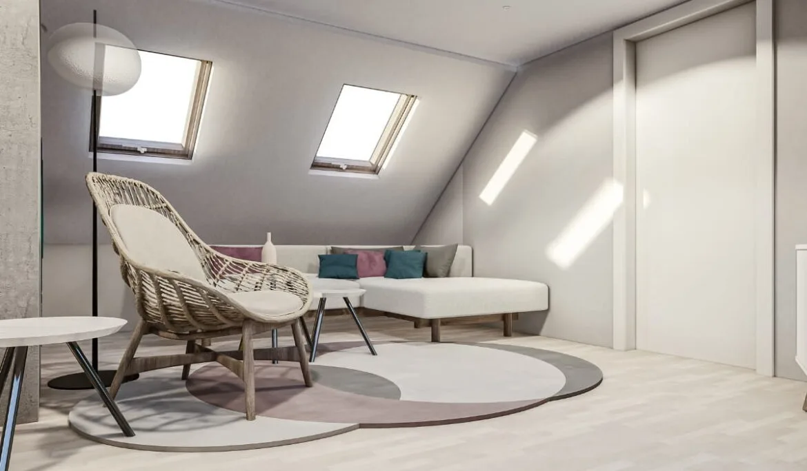 Modern living room design with skylights in the Attic Leuven project by Studio Hatch