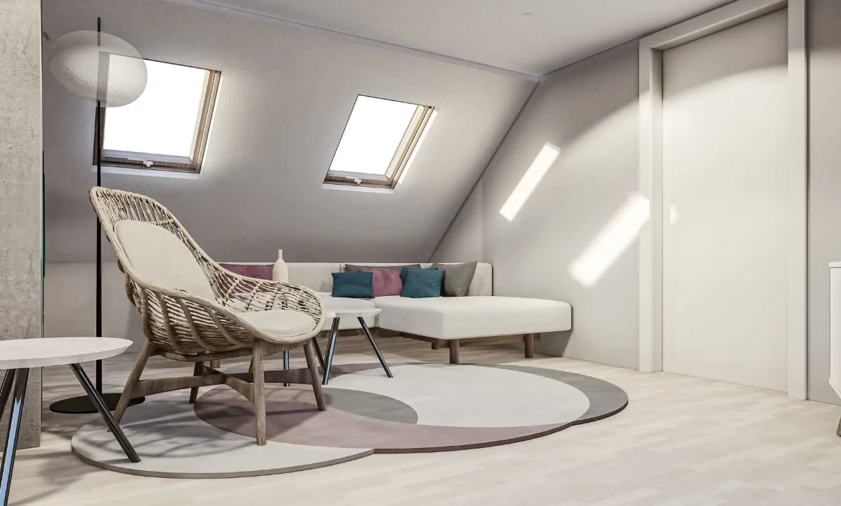 Modern living room design with skylights in the Attic Leuven project by Studio Hatch
