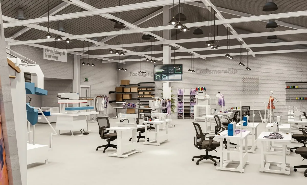 Finishing and ironing section in the Belma Tvico Production Area designed by Studio Hatch.