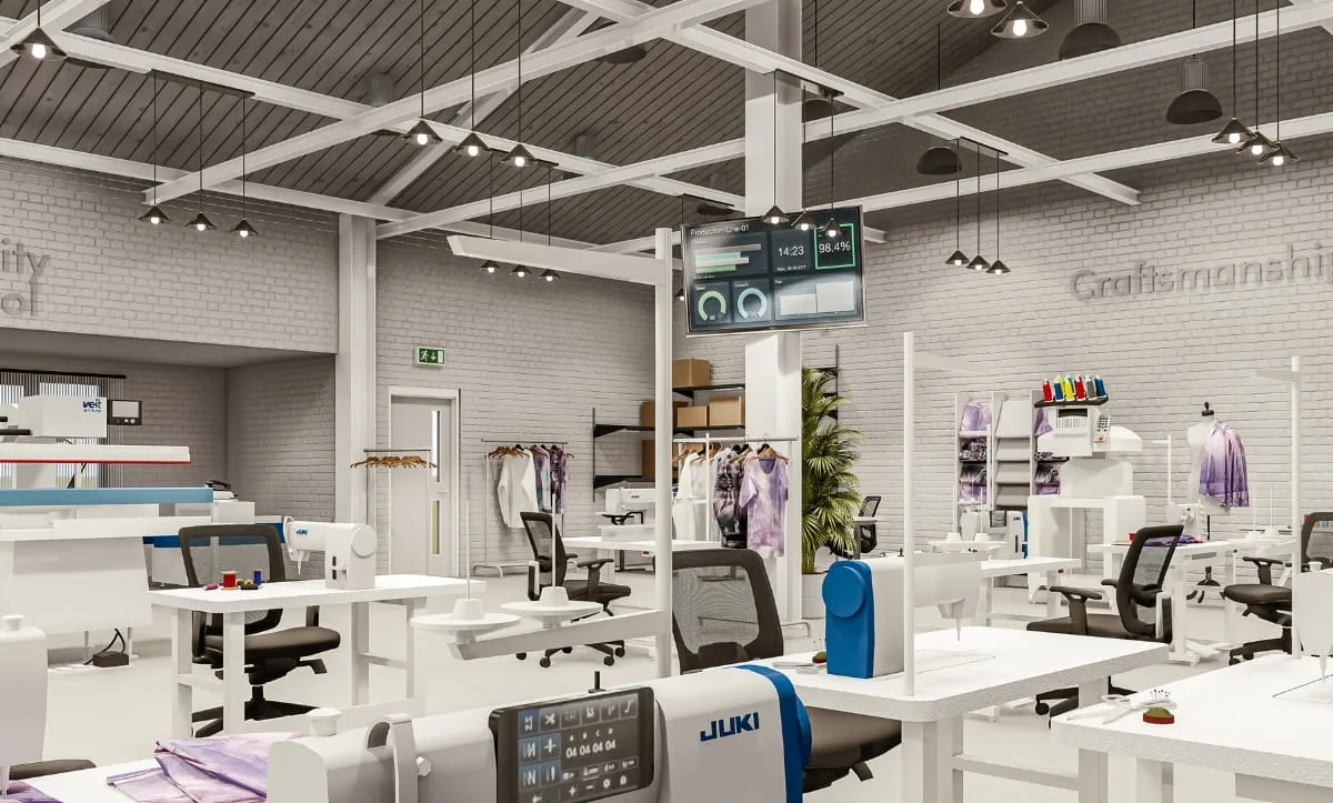 Sewing machines and workstations in the Belma Tvico Production Area, designed by Studio Hatch.