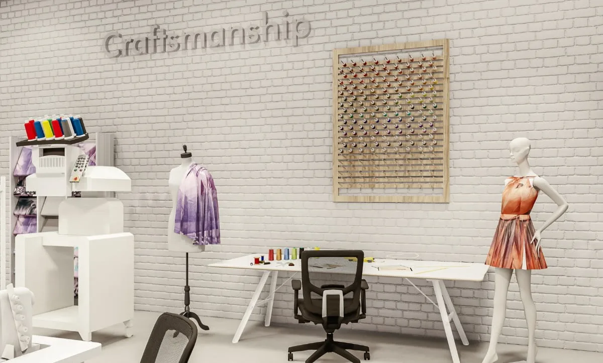 Belma Tvico Production Area sewing craftsmanship section designed by Studio Hatch, showcasing a mannequin and thread display on a white brick wall.