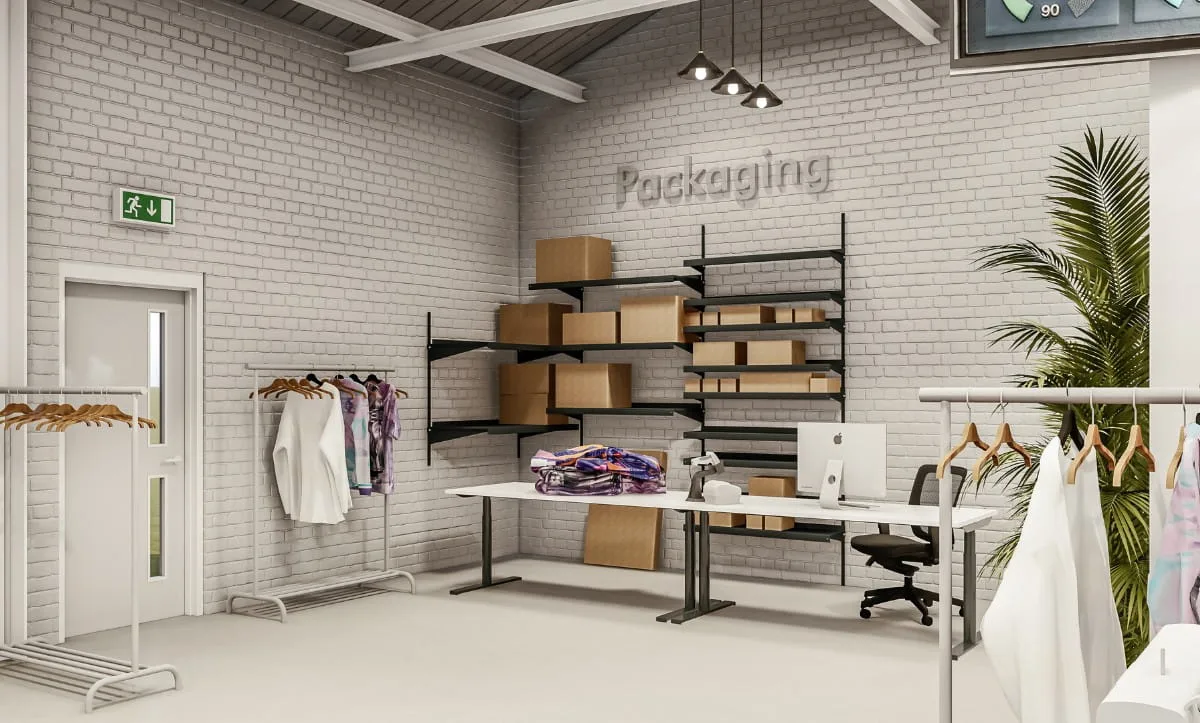 Belma Tvico Production Area packaging and quality control section designed by Studio Hatch with organized shelves and a desk for efficient workflow.