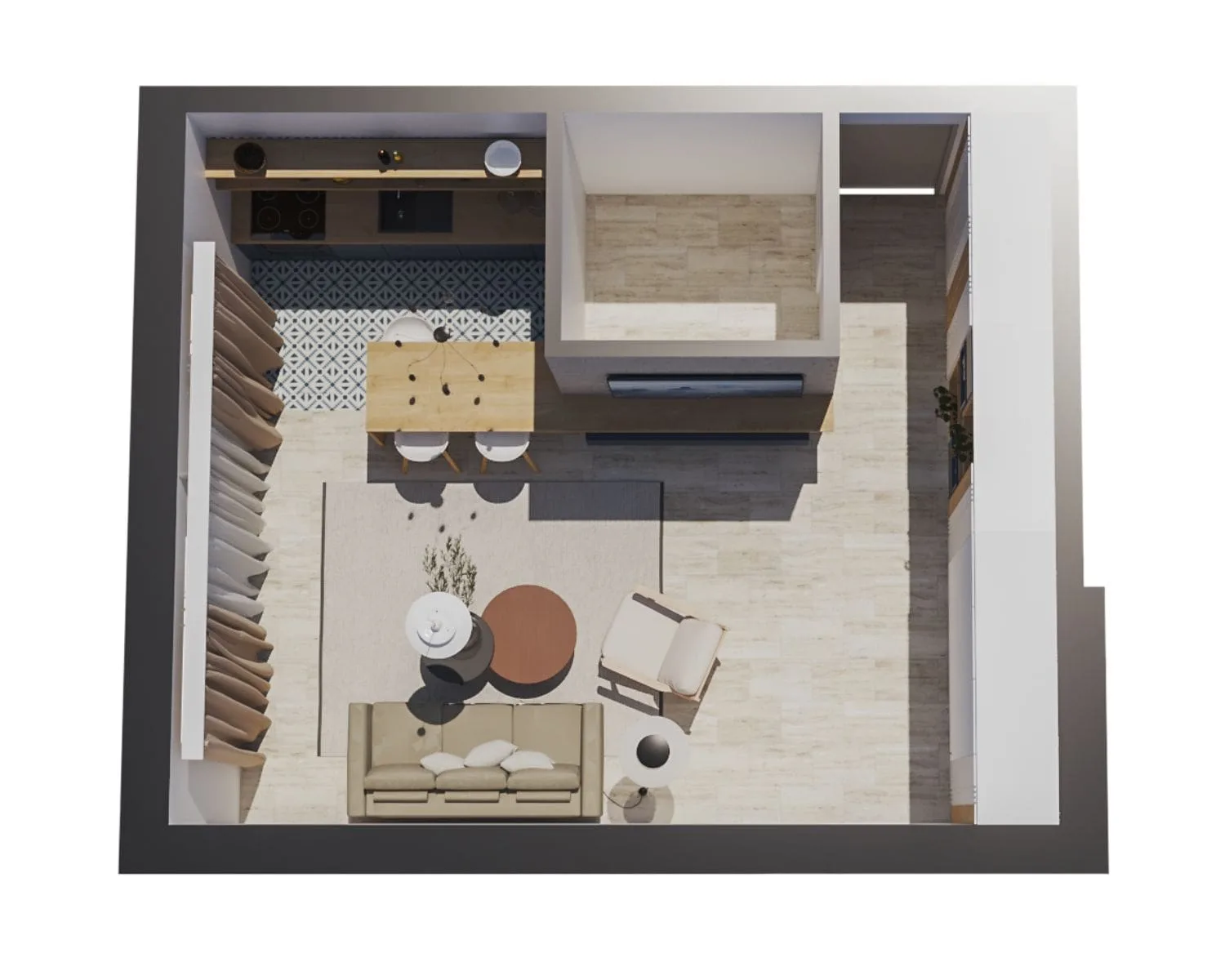 Cozy modern apartment layout in Orebić designed by Studio Hatch featuring a living room, dining area, and kitchen
