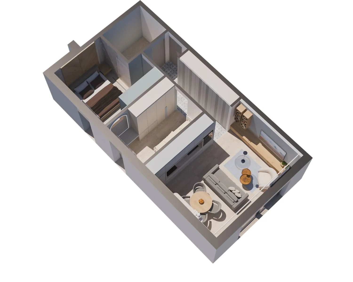 Modern apartment layout in Orebić designed by Studio Hatch featuring a bedroom, bathroom, and open-concept living and dining area