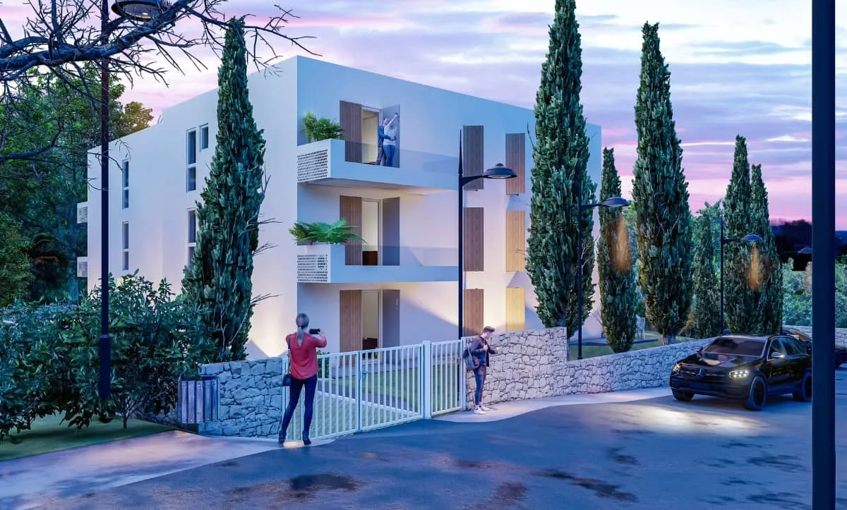 Two-Story Apartment Building at Night with Private Balconies Designed by Studio Hatch in Orebić