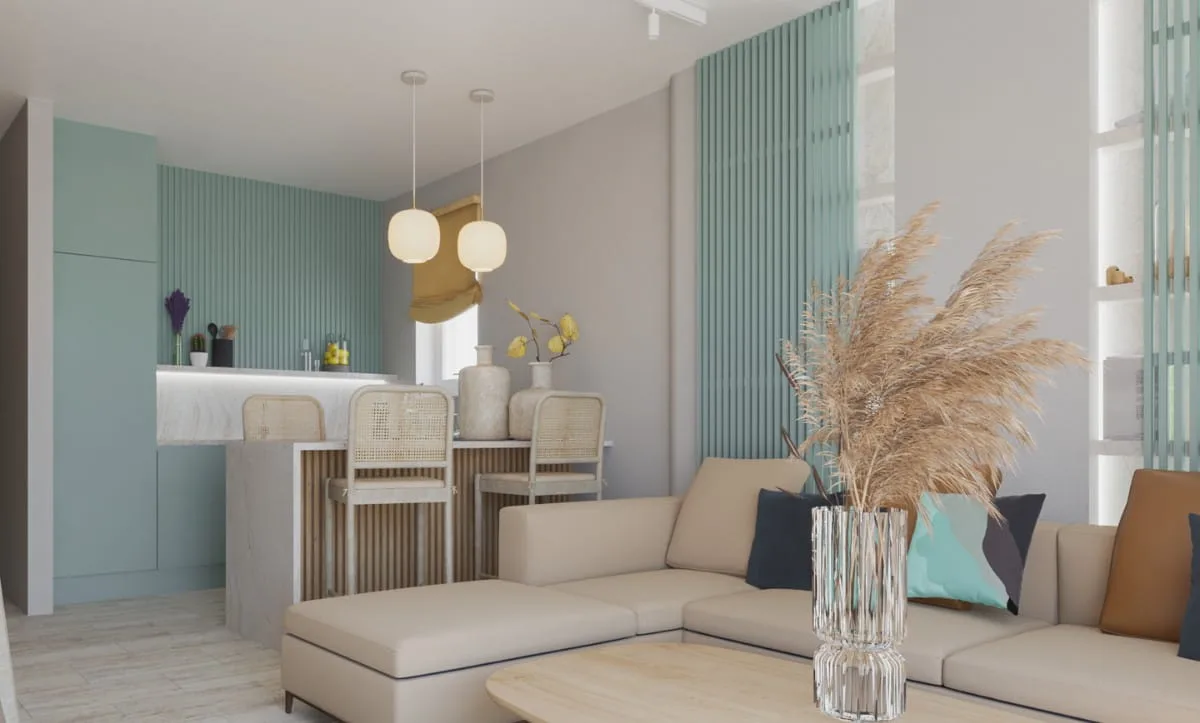 Modern coastal living room interior in Orebić apartment designed by Studio Hatch featuring elegant pastel colors and a minimalist style