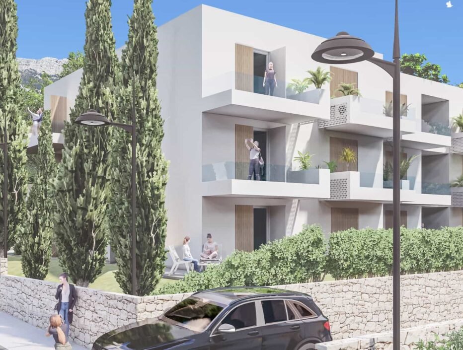 Contemporary residential building in Orebic designed by Studio Hatch featuring modern balconies and lush greenery