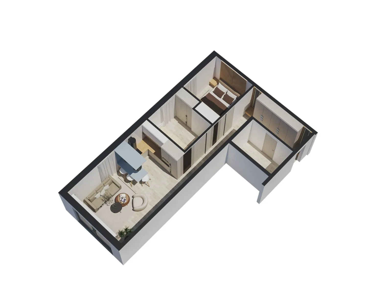 Modern L-shaped apartment layout in Orebić designed by Studio Hatch featuring an open living area, bedroom, and kitchen