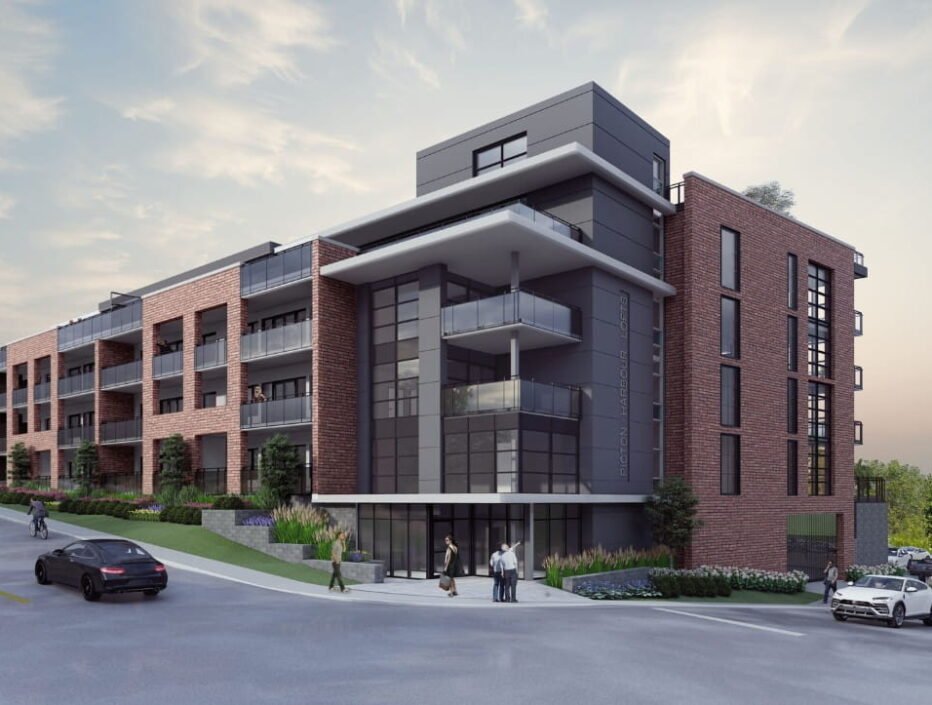 Picton Harbor Lofts in Picton, Ontario, designed by Studio Hatch, featuring modern residential architecture with private balconies and coastal views