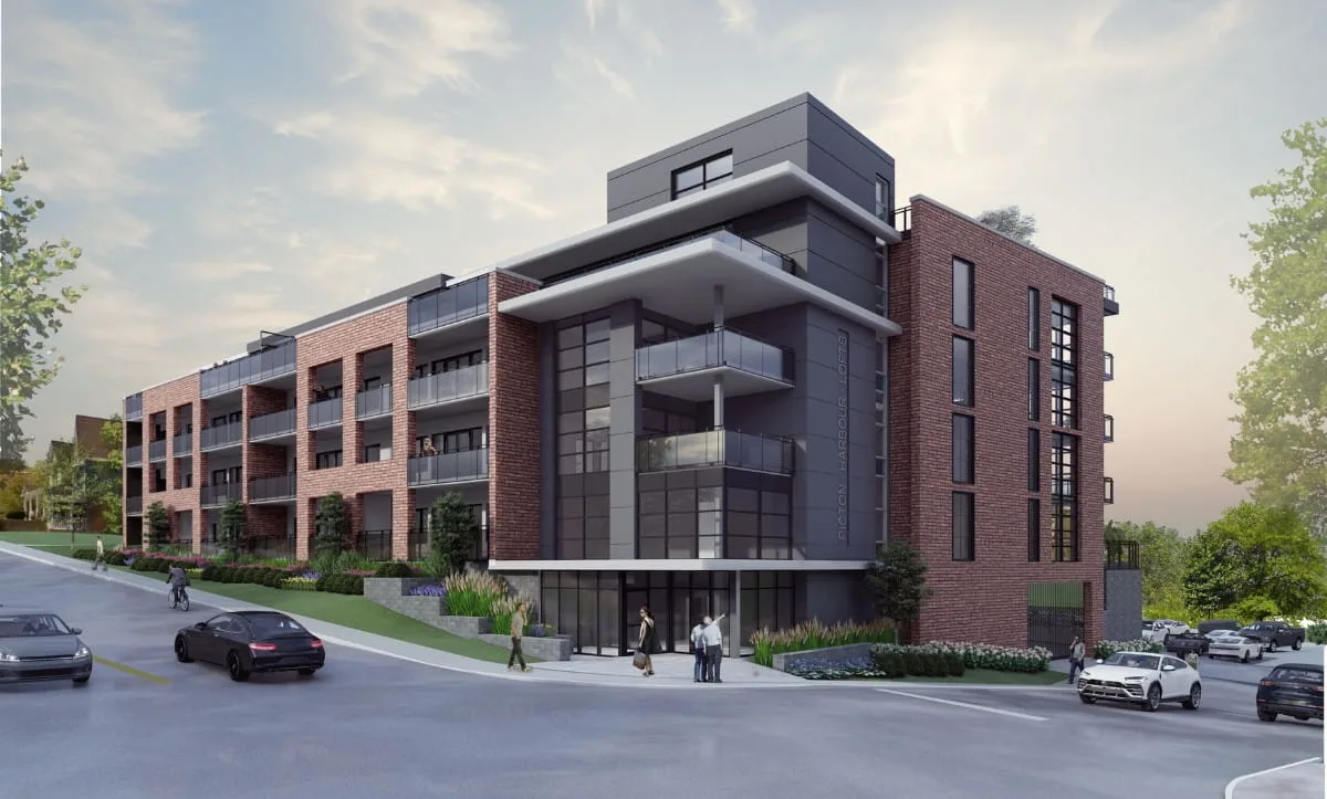 Picton Harbor Lofts in Picton, Ontario, designed by Studio Hatch, featuring modern residential architecture with private balconies and coastal views