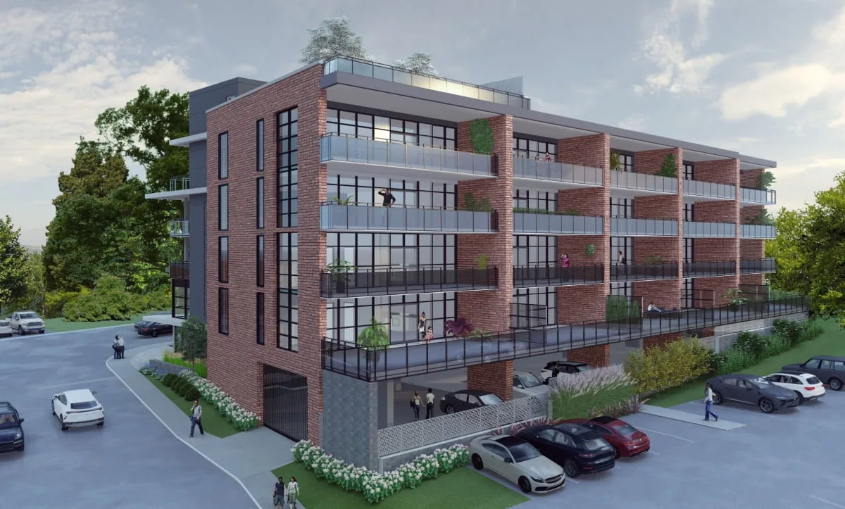 Rear view of Picton Harbor Lofts designed by Studio Hatch, featuring modern architecture with glass balconies overlooking Picton Harbor