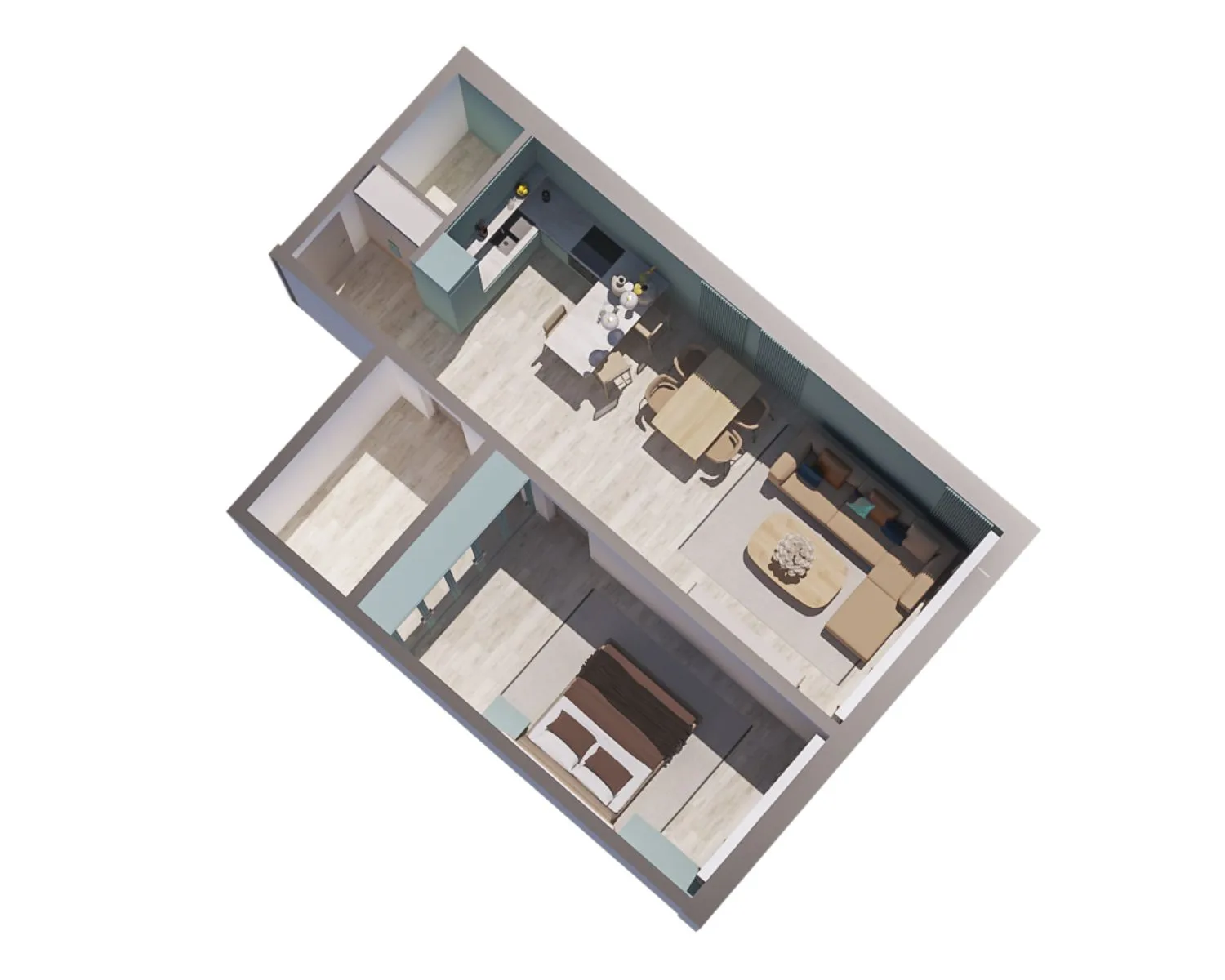 Spacious apartment layout in Orebić designed by Studio Hatch featuring a large living room, dining area, and kitchen