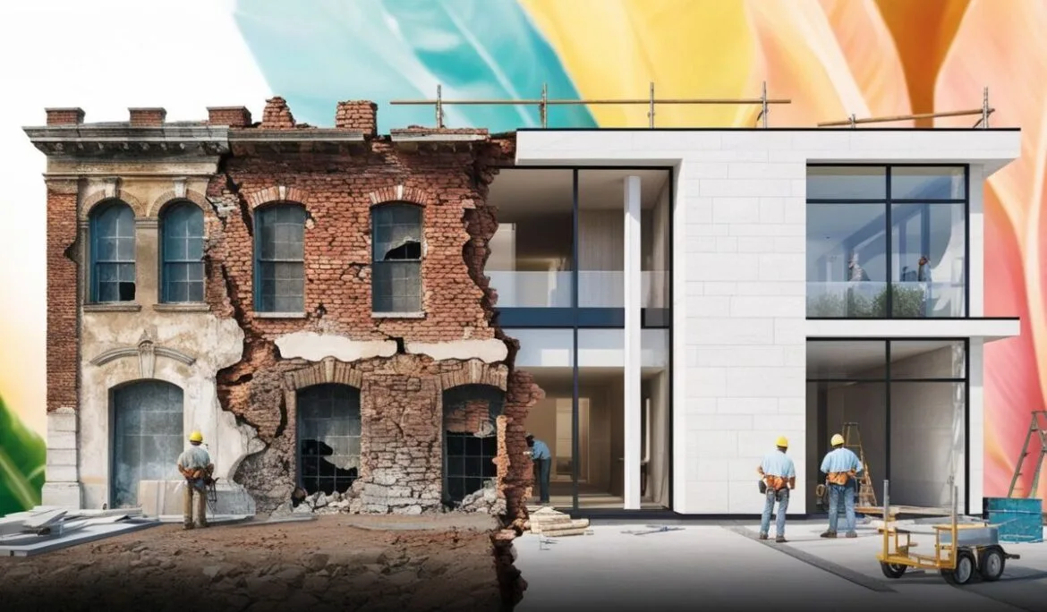 Architectural renovation and restoration of a building with modern design elements, showcasing before and after transformation