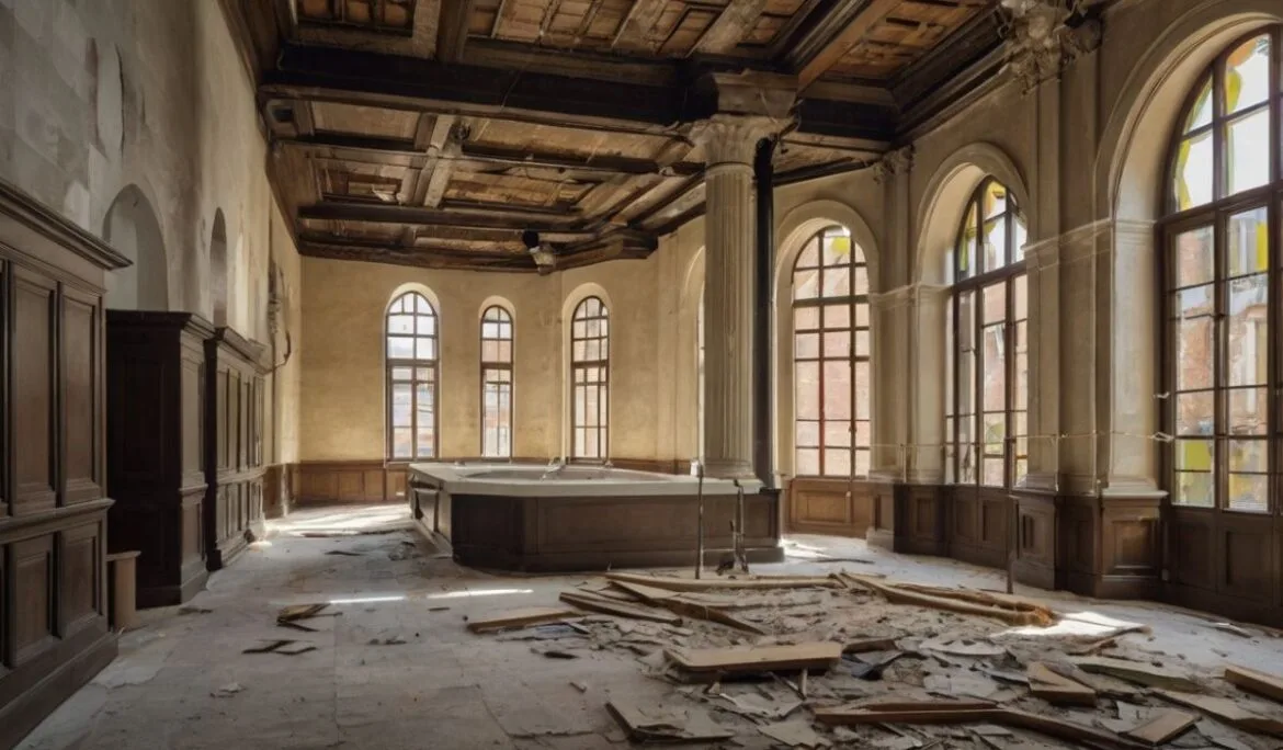 Interior of an old building with wooden floor remains being prepared for architectural renovation and restoration.
