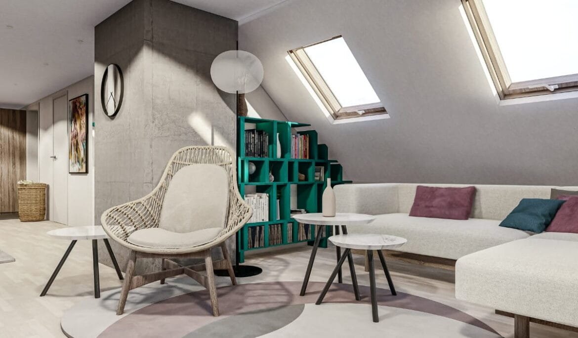 Modern attic living room with custom-built furniture by Studio Hatch, Leuven