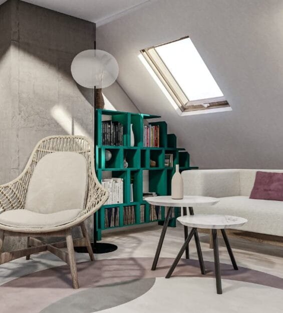 Modern attic living room with custom-built furniture by Studio Hatch, Leuven