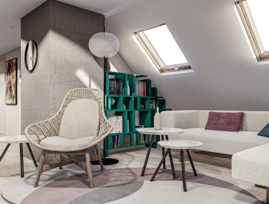 Modern attic living room with custom-built furniture by Studio Hatch, Leuven