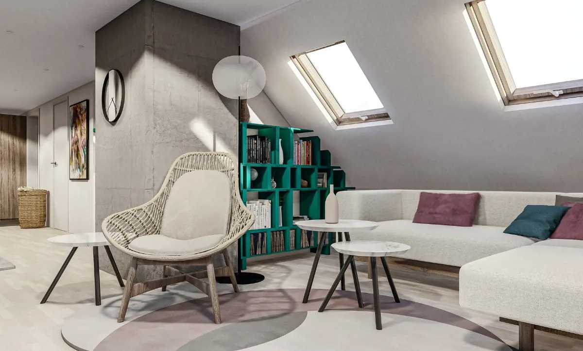Modern attic living room with custom-built furniture by Studio Hatch, Leuven