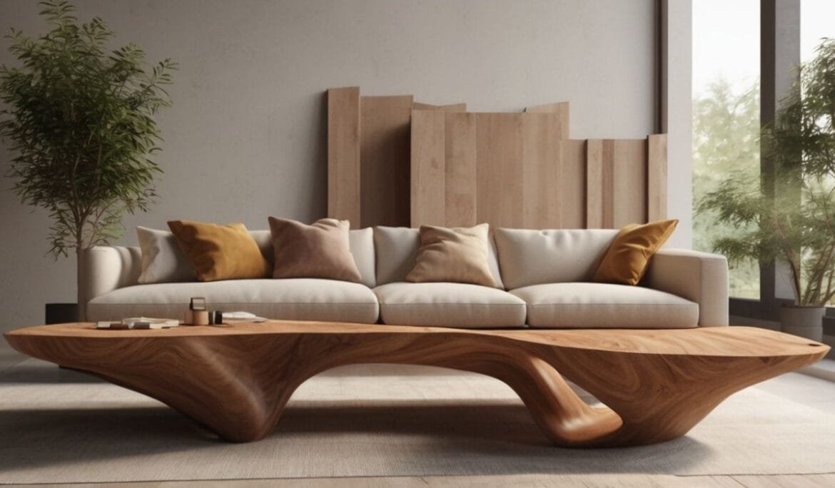 Studio Hatch custom wooden coffee table with modern, organic design placed in front of a minimalist sofa in a contemporary living room." Caption: "A handcrafted wooden coffee table designed by Studio Hatch, featuring smooth, organic curves that complement the minimalist aesthetic of a modern living room." Studio Hatch custom wooden coffee table with modern, organic design placed in front of a minimalist sofa in a contemporary living room.