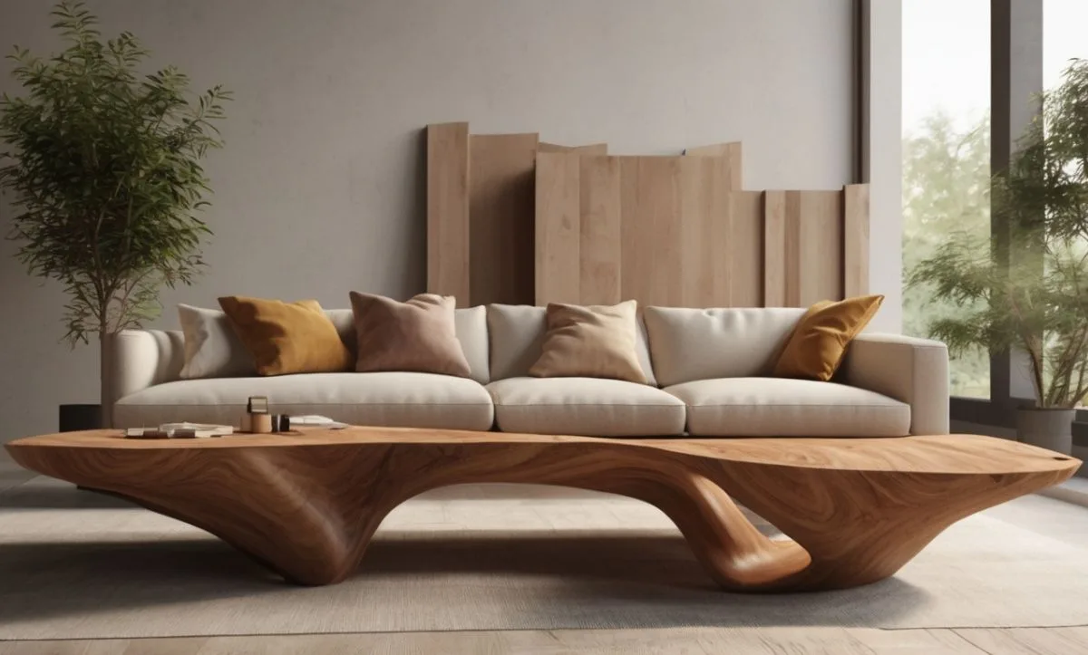 Studio Hatch custom wooden coffee table with modern, organic design placed in front of a minimalist sofa in a contemporary living room." Caption: "A handcrafted wooden coffee table designed by Studio Hatch, featuring smooth, organic curves that complement the minimalist aesthetic of a modern living room." Studio Hatch custom wooden coffee table with modern, organic design placed in front of a minimalist sofa in a contemporary living room.