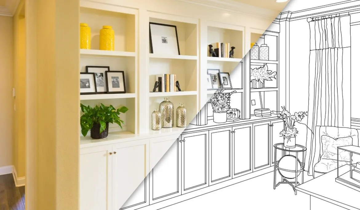 Studio Hatch's Custom furniture design with 3D visualization concept, showcasing half-built-in shelves and decor transitioning from a sketch to reality.